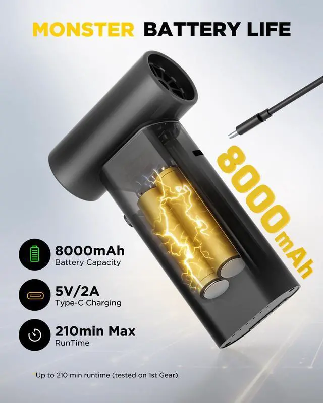 Alt view image 6 of 7 - 2-in-1 Compressed Air Duster & Car Vacuum Cordless Rechargeable, 160000RPM Electric Air Duster, Aluminum Mini Vacuum Keyboard Cleaner for PC, Computer, Home, Outdoor & Car Detailing (Night)