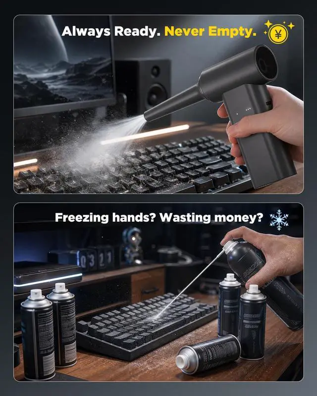 Alt view image 4 of 7 - 2-in-1 Compressed Air Duster & Car Vacuum Cordless Rechargeable, 160000RPM Electric Air Duster, Aluminum Mini Vacuum Keyboard Cleaner for PC, Computer, Home, Outdoor & Car Detailing (Night)