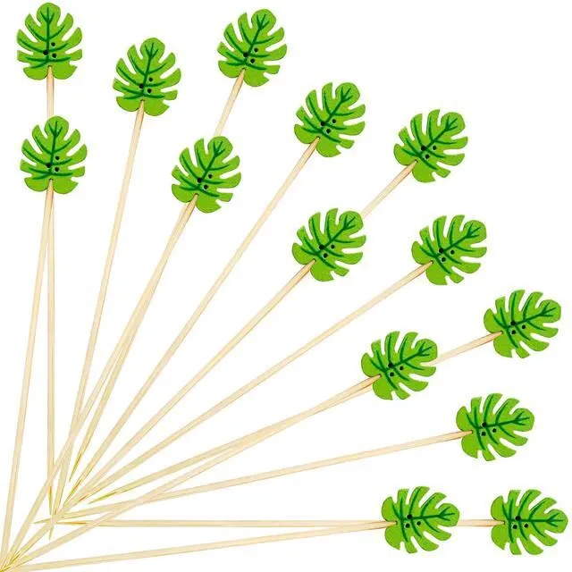 Main image of 200 PCS Green Monstera Leaf Cocktail Picks 5 Inch Long Fancy Bamboo Toothpicks for Appetizers Skewers Sticks Food Garnish for Drinks Fruit Summer Tropical Hawaiian Palm Jungle Party Decorations