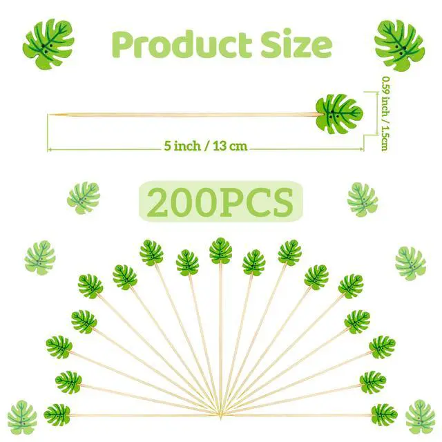 Alt view image 2 of 6 - 200 PCS Green Monstera Leaf Cocktail Picks 5 Inch Long Fancy Bamboo Toothpicks for Appetizers Skewers Sticks Food Garnish for Drinks Fruit Summer Tropical Hawaiian Palm Jungle Party Decorations