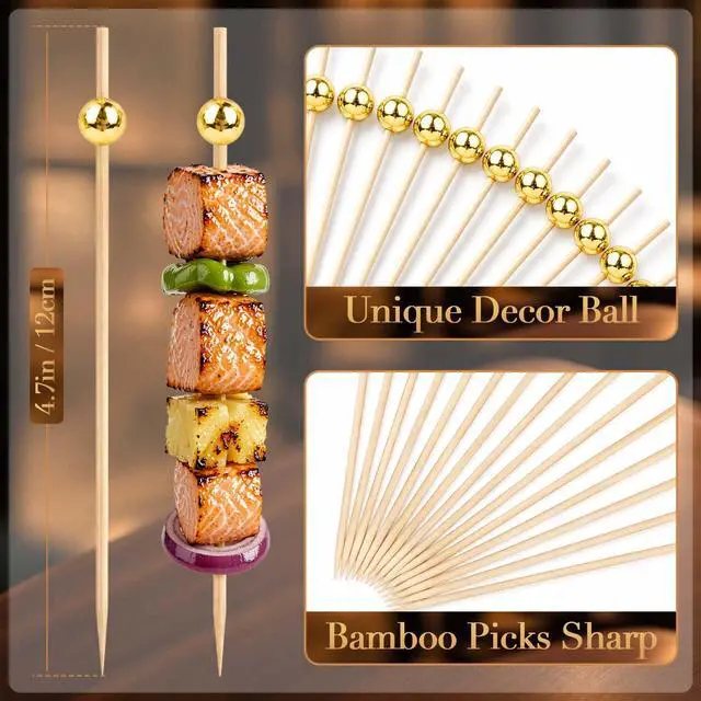 Alt view image 2 of 7 - 600 Pcs Cocktail Picks, Fancy Toothpicks for Appetizers Drinks Food Fruit, 4.7 Inch Long Decorative Bamboo Skewers, Gold Pearl Garnish Sticks for Charcuterie Boards Accessories Party Supplies, Gold