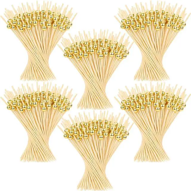 Main image of 600 Pcs Cocktail Picks, Fancy Toothpicks for Appetizers Drinks Food Fruit, 4.7 Inch Long Decorative Bamboo Skewers, Gold Pearl Garnish Sticks for Charcuterie Boards Accessories Party Supplies, Gold