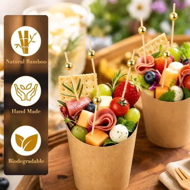 Alt view image 5 of 7 - 600 Pcs Cocktail Picks, Fancy Toothpicks for Appetizers Drinks Food Fruit, 4.7 Inch Long Decorative Bamboo Skewers, Gold Pearl Garnish Sticks for Charcuterie Boards Accessories Party Supplies, Gold