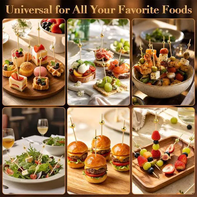 Alt view image 7 of 7 - 600 Pcs Cocktail Picks, Fancy Toothpicks for Appetizers Drinks Food Fruit, 4.7 Inch Long Decorative Bamboo Skewers, Gold Pearl Garnish Sticks for Charcuterie Boards Accessories Party Supplies, Gold