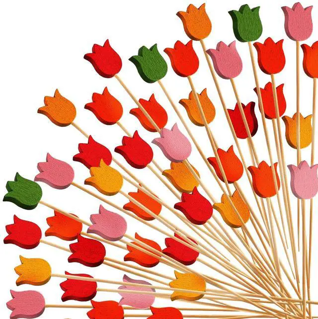 Main image of 200 Pcs Tulip Cocktail Picks for Appetizers | Long Toothpicks for Drinks and Fruit, Fancy Bamboo Skewers, Disposable Food Sticks, for Summer Holiday Birthday Party