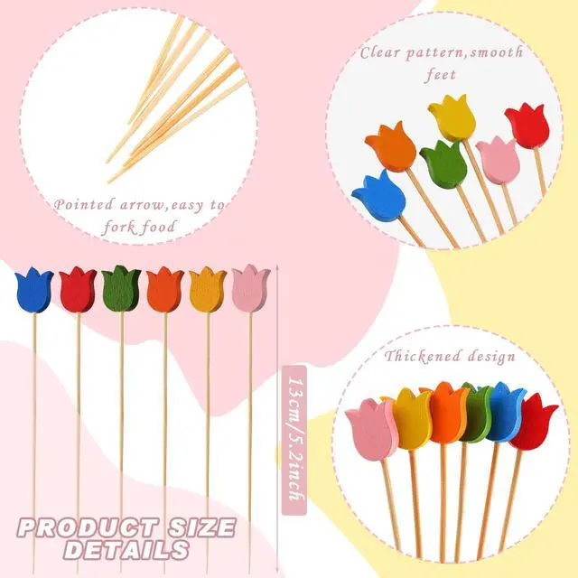 Alt view image 2 of 7 - 200 Pcs Tulip Cocktail Picks for Appetizers | Long Toothpicks for Drinks and Fruit, Fancy Bamboo Skewers, Disposable Food Sticks, for Summer Holiday Birthday Party