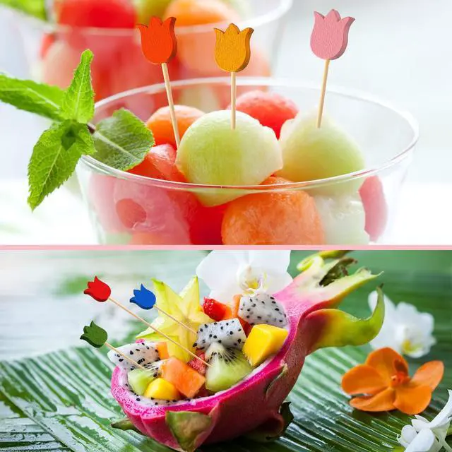 Alt view image 4 of 7 - 200 Pcs Tulip Cocktail Picks for Appetizers | Long Toothpicks for Drinks and Fruit, Fancy Bamboo Skewers, Disposable Food Sticks, for Summer Holiday Birthday Party