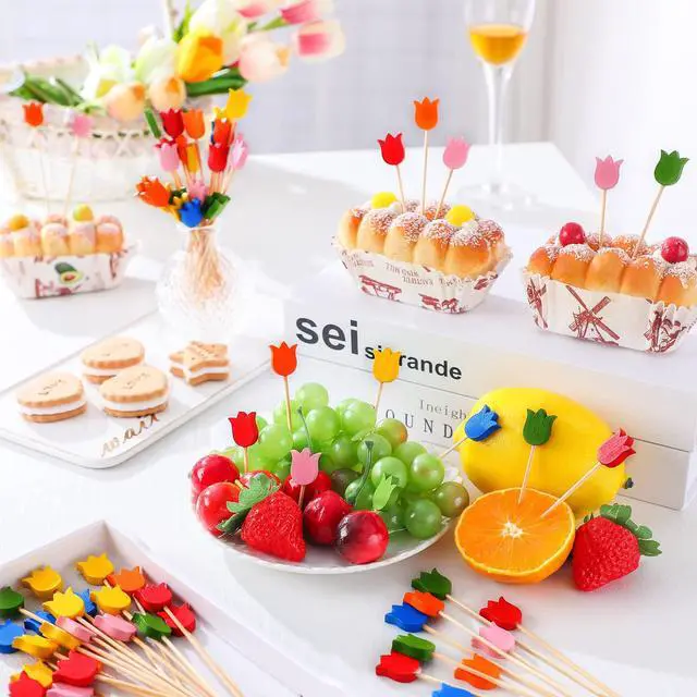 Alt view image 5 of 7 - 200 Pcs Tulip Cocktail Picks for Appetizers | Long Toothpicks for Drinks and Fruit, Fancy Bamboo Skewers, Disposable Food Sticks, for Summer Holiday Birthday Party