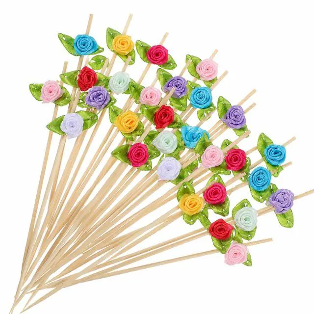 Main image of 100 Pcs Rose Flower Cocktail Picks 4.7 Inch Multicolor Long Bamboo Fancy Toothpicks Handmade Flower Appetizer Skewers Cute Flowers Toothpick for Decorative Wedding Appetizers Food Fruit and Drink