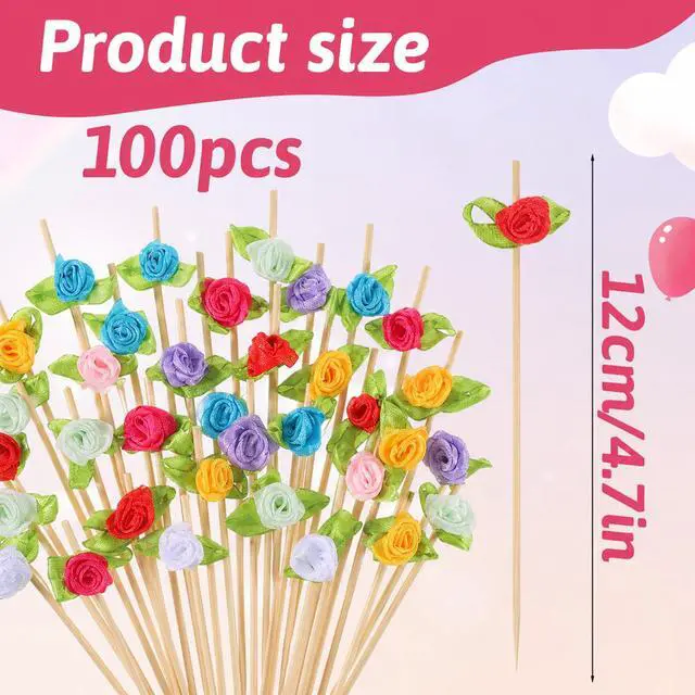 Alt view image 2 of 7 - 100 Pcs Rose Flower Cocktail Picks 4.7 Inch Multicolor Long Bamboo Fancy Toothpicks Handmade Flower Appetizer Skewers Cute Flowers Toothpick for Decorative Wedding Appetizers Food Fruit and Drink