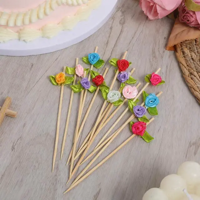Alt view image 5 of 7 - 100 Pcs Rose Flower Cocktail Picks 4.7 Inch Multicolor Long Bamboo Fancy Toothpicks Handmade Flower Appetizer Skewers Cute Flowers Toothpick for Decorative Wedding Appetizers Food Fruit and Drink