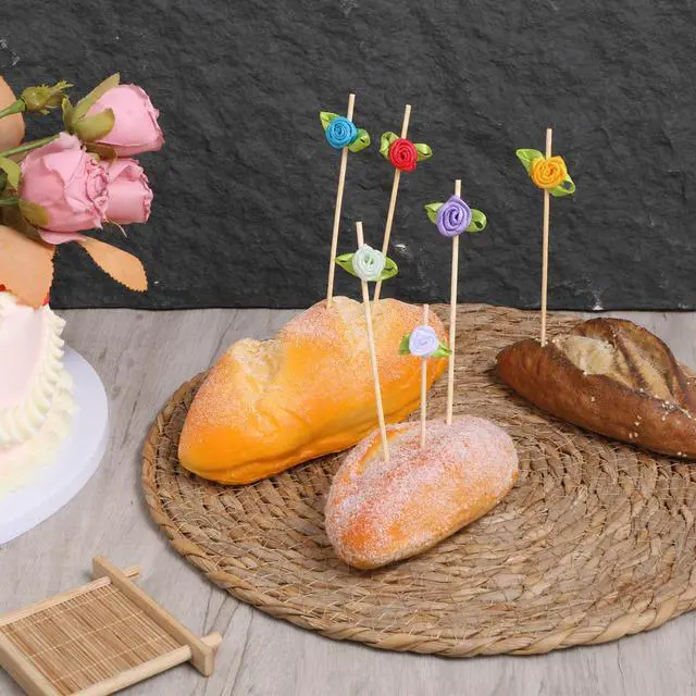 Alt view image 7 of 7 - 100 Pcs Rose Flower Cocktail Picks 4.7 Inch Multicolor Long Bamboo Fancy Toothpicks Handmade Flower Appetizer Skewers Cute Flowers Toothpick for Decorative Wedding Appetizers Food Fruit and Drink