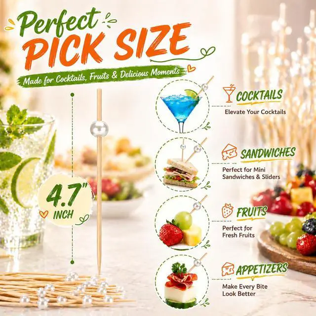 Alt view image 2 of 7 - 100-Pcs Cocktail Picks, 4.7 Inch Fancy Toothpicks for Appetizers, Bamboo White Pearl Skewers for Appetizers, Drinks, Charcuterie Boards, Fruit, Wedding Party Food Picks Decorative
