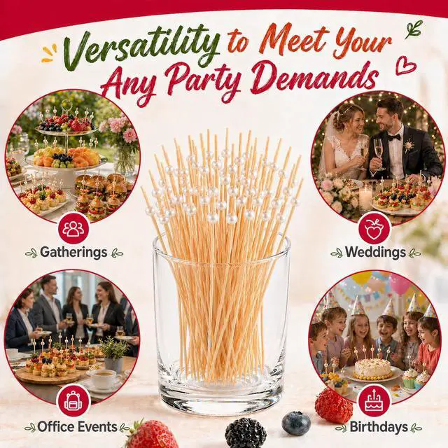 Alt view image 4 of 7 - 100-Pcs Cocktail Picks, 4.7 Inch Fancy Toothpicks for Appetizers, Bamboo White Pearl Skewers for Appetizers, Drinks, Charcuterie Boards, Fruit, Wedding Party Food Picks Decorative