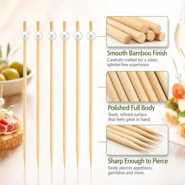Alt view image 5 of 7 - 100-Pcs Cocktail Picks, 4.7 Inch Fancy Toothpicks for Appetizers, Bamboo White Pearl Skewers for Appetizers, Drinks, Charcuterie Boards, Fruit, Wedding Party Food Picks Decorative