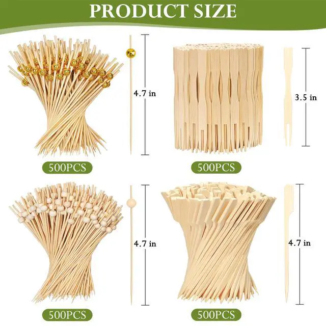 Alt view image 3 of 7 - 2000 Pieces Cocktail Picks 4 Styles Fancy Toothpicks for Appetizers Bamboo Skewers Decorative Wooden Cocktail Picks for Party Food Drinks Fruit Charcuterie Boards Accessories