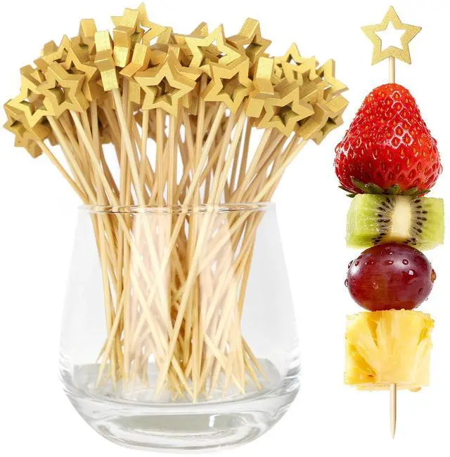 Main image of 100PCS Gold Star Cocktail Picks, Decorative Fancy Toothpicks for Appetizers | 5.2 Inch Long Bamboo Skewers, Wooden Garnish Sticks, for Drinks, Food, Fruit, Party Supplies