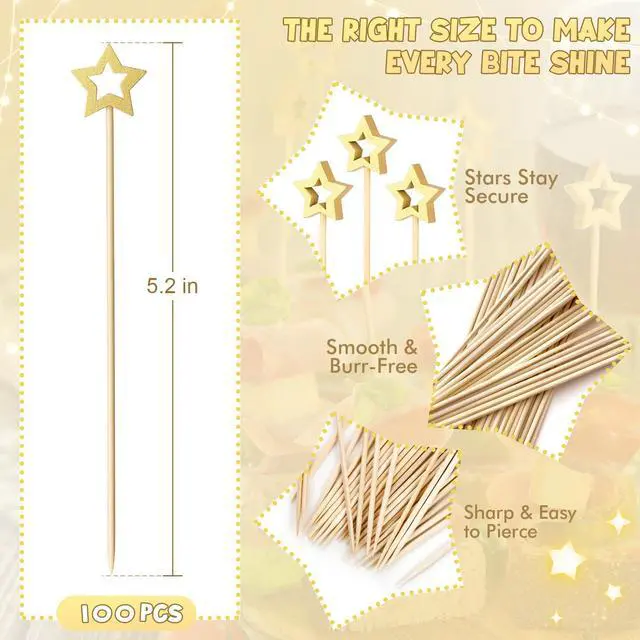 Alt view image 2 of 7 - 100PCS Gold Star Cocktail Picks, Decorative Fancy Toothpicks for Appetizers | 5.2 Inch Long Bamboo Skewers, Wooden Garnish Sticks, for Drinks, Food, Fruit, Party Supplies
