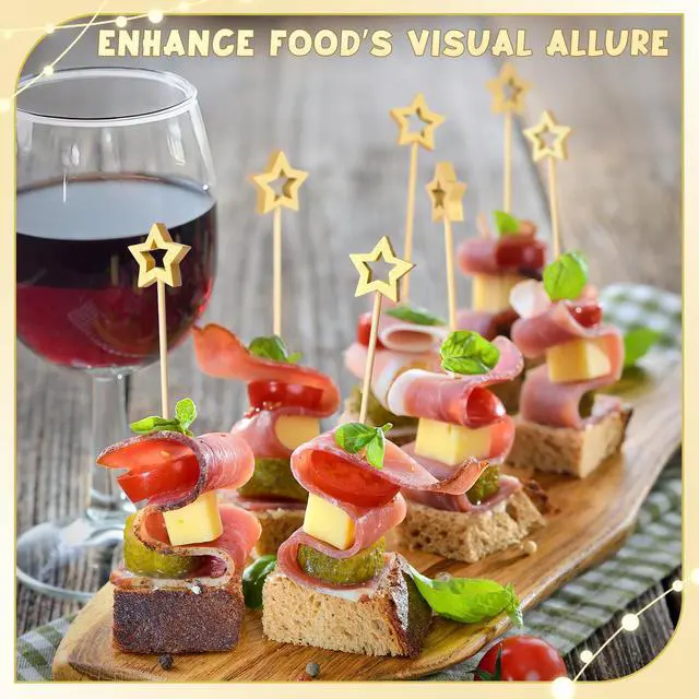 Alt view image 3 of 7 - 100PCS Gold Star Cocktail Picks, Decorative Fancy Toothpicks for Appetizers | 5.2 Inch Long Bamboo Skewers, Wooden Garnish Sticks, for Drinks, Food, Fruit, Party Supplies