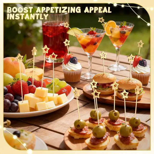 Alt view image 4 of 7 - 100PCS Gold Star Cocktail Picks, Decorative Fancy Toothpicks for Appetizers | 5.2 Inch Long Bamboo Skewers, Wooden Garnish Sticks, for Drinks, Food, Fruit, Party Supplies