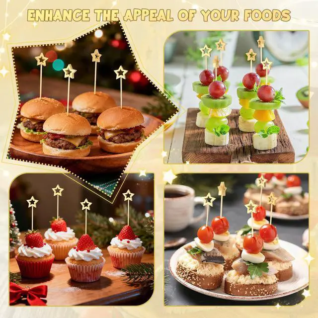 Alt view image 7 of 7 - 100PCS Gold Star Cocktail Picks, Decorative Fancy Toothpicks for Appetizers | 5.2 Inch Long Bamboo Skewers, Wooden Garnish Sticks, for Drinks, Food, Fruit, Party Supplies