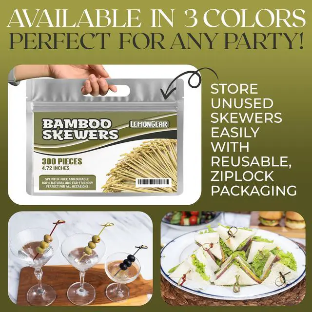 Alt view image 6 of 7 - 300 Pcs Green Bamboo Skewers 4.7" Decorative Cocktail Picks, Appetizers Toothpicks, Fancy Drinks Stirrers, Wooden Sticks, Charcuterie Garnish, Fruit Kabob, Martini & BBQ Party Food