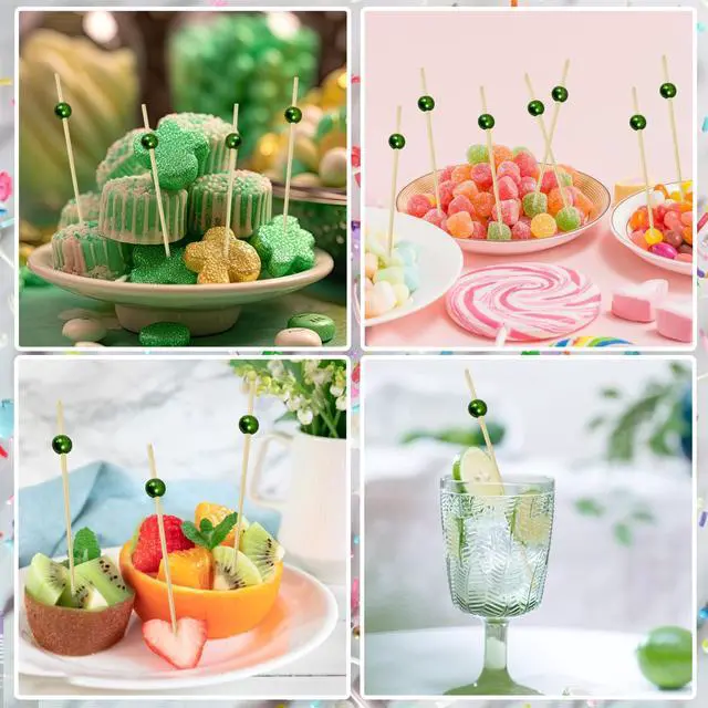 Alt view image 4 of 7 - 200Pcs Green Decorative Cocktail Picks, 4.7 Inch Fancy Cocktail Toothpicks for Appetizers Picks Long Decorative Skewers for Food Drinks Charcuterie Party Decorations
