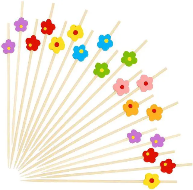 Main image of 100PCS Colorful Flower Cocktail Picks 4.7 Inch, Fancy Toothpicks for Appetizers Bamboo Floral Picks Fruit Skewers for Appetizers Food Sandwiches Drinks Party Decoration (Colorful Flower)
