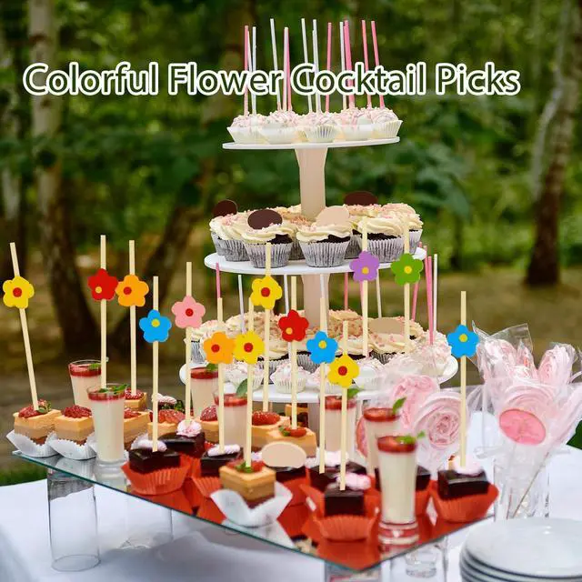 Alt view image 7 of 7 - 100PCS Colorful Flower Cocktail Picks 4.7 Inch, Fancy Toothpicks for Appetizers Bamboo Floral Picks Fruit Skewers for Appetizers Food Sandwiches Drinks Party Decoration (Colorful Flower)
