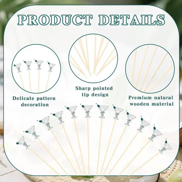 Alt view image 2 of 6 - 200PCS Martini Cocktail Picks Fancy Toothpicks for Appetizers Bamboo Fruit Food Long Cocktail Appetizer Skewers Sticks Cupcake Toppers for Summer Martini Party Supplies