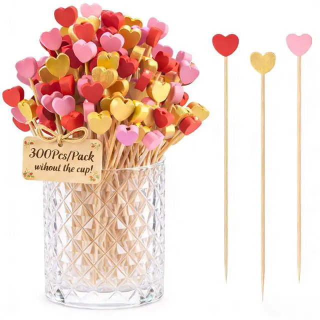 Main image of Heart Shaped Cocktail Picks 300 Pcs, 4.7 Inch Natural Bamboo Toothpicks for Appetizers, Love Heart Fancy Food Picks for Wedding, Valentines, Bridal Shower, Party, Birthday Decorations (Gold Pink Red)