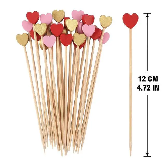 Alt view image 3 of 7 - Heart Shaped Cocktail Picks 300 Pcs, 4.7 Inch Natural Bamboo Toothpicks for Appetizers, Love Heart Fancy Food Picks for Wedding, Valentines, Bridal Shower, Party, Birthday Decorations (Gold Pink Red)