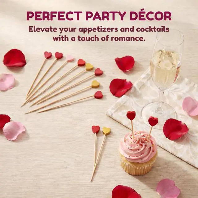 Alt view image 5 of 7 - Heart Shaped Cocktail Picks 300 Pcs, 4.7 Inch Natural Bamboo Toothpicks for Appetizers, Love Heart Fancy Food Picks for Wedding, Valentines, Bridal Shower, Party, Birthday Decorations (Gold Pink Red)