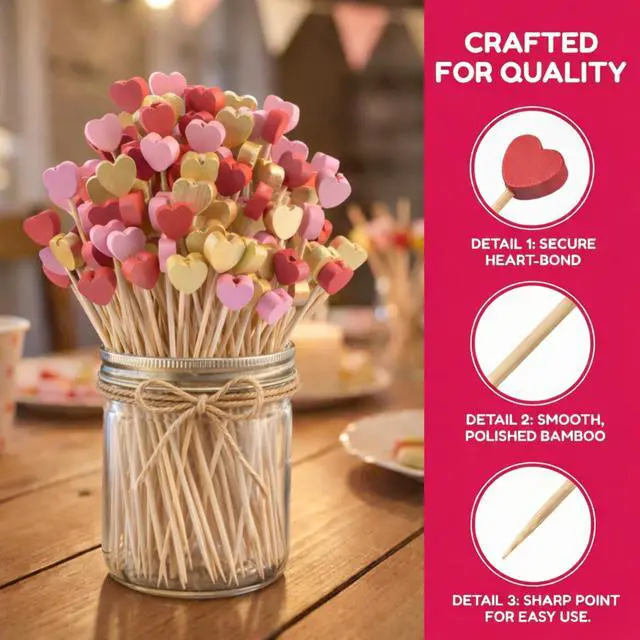 Alt view image 4 of 7 - Heart Shaped Cocktail Picks 300 Pcs, 4.7 Inch Natural Bamboo Toothpicks for Appetizers, Love Heart Fancy Food Picks for Wedding, Valentines, Bridal Shower, Party, Birthday Decorations (Gold Pink Red)
