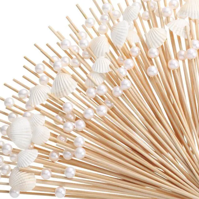 Main image of 200 Pcs Cocktail Picks Seashell Toothpicks for Appetizers, 4.7'' | White Bamboo Pearl Toothpicks, for Summer Hawaiian Beach Holiday Wedding Bridal Shower Party Supplies, seashell Party Decor