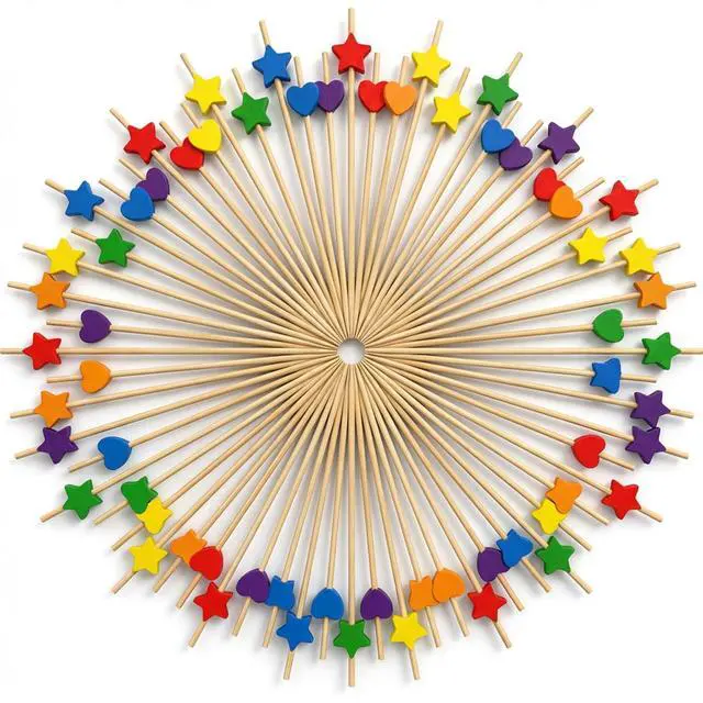 Main image of 200 Count Bamboo Cocktail Picks Colorful Heart and Star Appetizer Skewers | 4.7 Inch Decorative Toothpicks for Drinks Fruit and Cheese Disposable Party