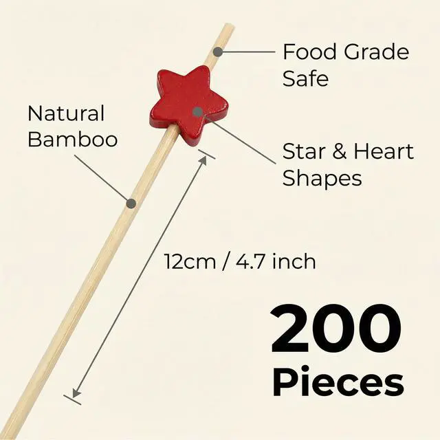 Alt view image 3 of 7 - 200 Count Bamboo Cocktail Picks Colorful Heart and Star Appetizer Skewers | 4.7 Inch Decorative Toothpicks for Drinks Fruit and Cheese Disposable Party