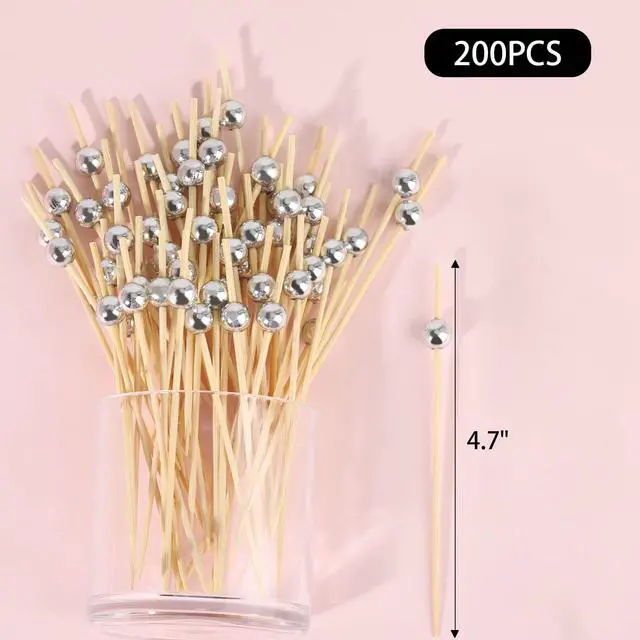 Alt view image 2 of 7 - 200PCS Silver Pearl Cocktail Picks 4.7" Long Fancy Toothpicks Silver Pearl Food Picks Decorative Bamboo Food Picks for Appetizers Fruits Party Favor