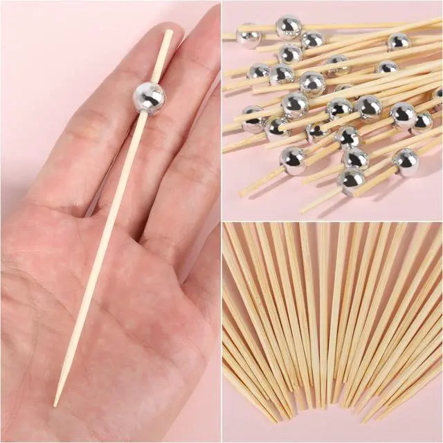 Alt view image 6 of 7 - 200PCS Silver Pearl Cocktail Picks 4.7" Long Fancy Toothpicks Silver Pearl Food Picks Decorative Bamboo Food Picks for Appetizers Fruits Party Favor