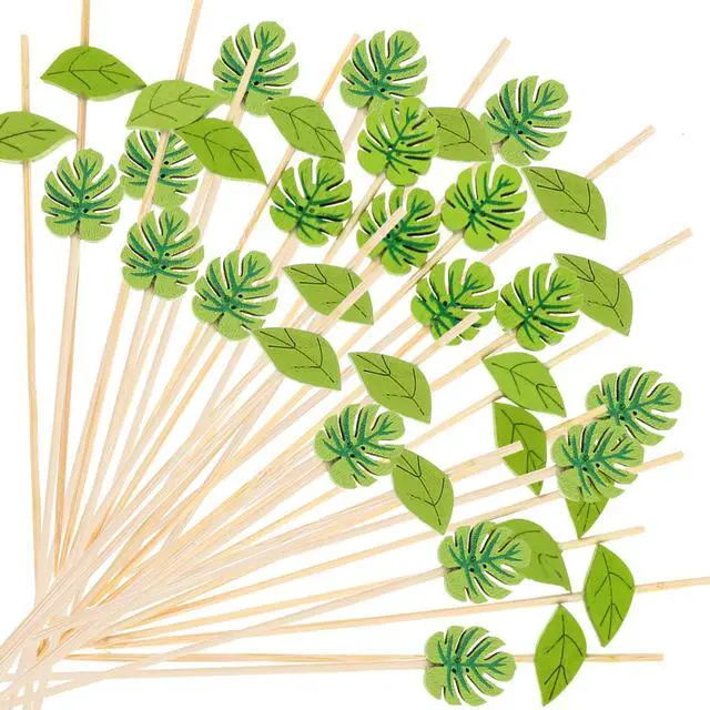 Main image of 200PCS Disposable Green Leaf Cocktail Picks Plam Leaf Handmade Toothpicks Bamboo Skewers for Appetizer Fruit Sandwiches, 4.7 Inch Food Picks Toothpicks for Summer Hawaiian Party Luau Beach Holiday