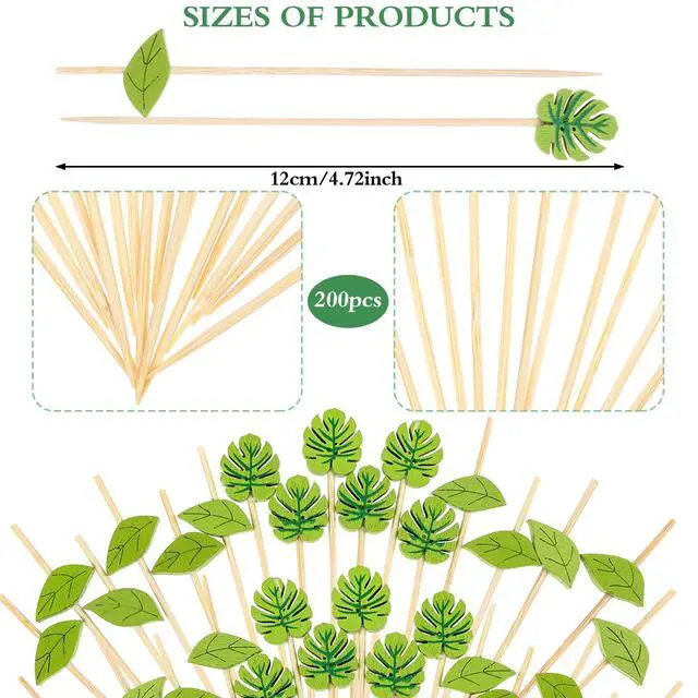 Alt view image 2 of 7 - 200PCS Disposable Green Leaf Cocktail Picks Plam Leaf Handmade Toothpicks Bamboo Skewers for Appetizer Fruit Sandwiches, 4.7 Inch Food Picks Toothpicks for Summer Hawaiian Party Luau Beach Holiday