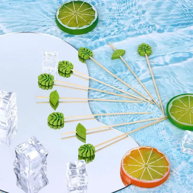 Alt view image 7 of 7 - 200PCS Disposable Green Leaf Cocktail Picks Plam Leaf Handmade Toothpicks Bamboo Skewers for Appetizer Fruit Sandwiches, 4.7 Inch Food Picks Toothpicks for Summer Hawaiian Party Luau Beach Holiday