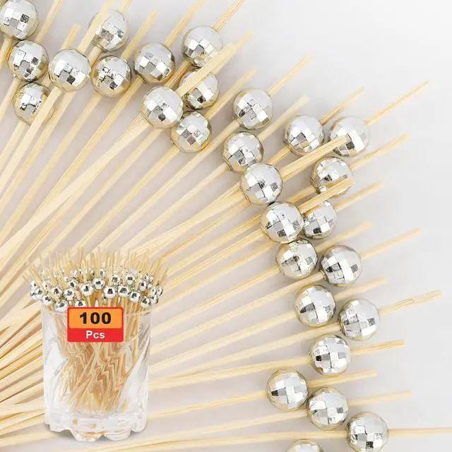 Main image of Cocktail Picks, Toothpicks for Appetizers 100PCS, Fancy Tooth Picks, 4.7 Inches Skewers for Fruit Kabobs, Silver Disco Party Supplies, Bamboo Sticks for Fruit Drinks Food Charcuterie Cocktail Garnish