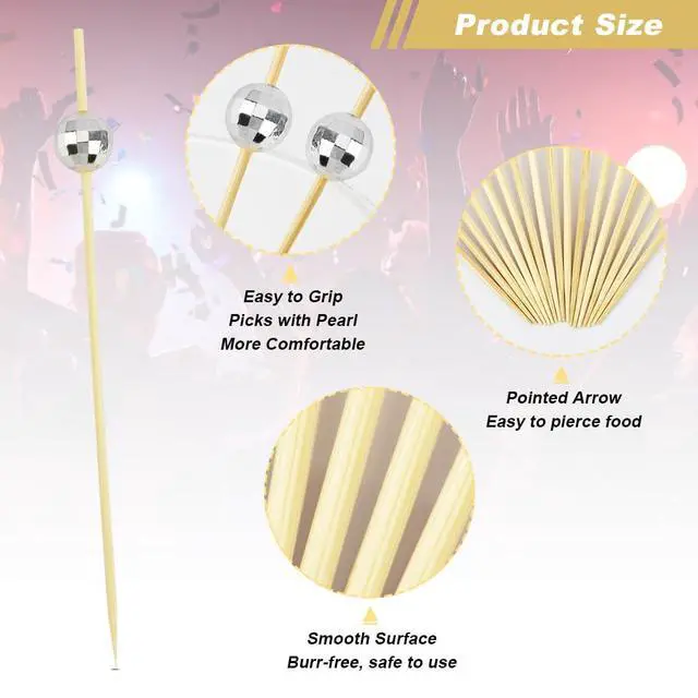 Alt view image 3 of 7 - Cocktail Picks, Toothpicks for Appetizers 100PCS, Fancy Tooth Picks, 4.7 Inches Skewers for Fruit Kabobs, Silver Disco Party Supplies, Bamboo Sticks for Fruit Drinks Food Charcuterie Cocktail Garnish