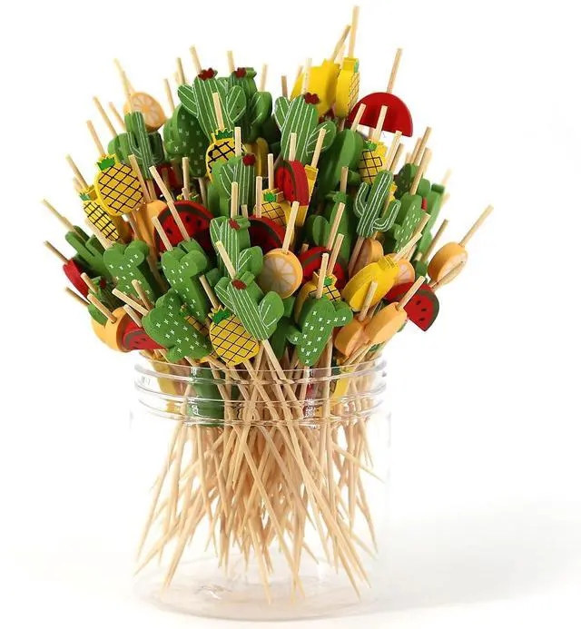 Main image of Bamboo Cocktail Picks 200 Pack Tropical Fruit Toothpicks 4.7 Inch Cocktail Sticks for Appetizers, Fruit, Cheese, Drinks, Party Supplies (Fruit)