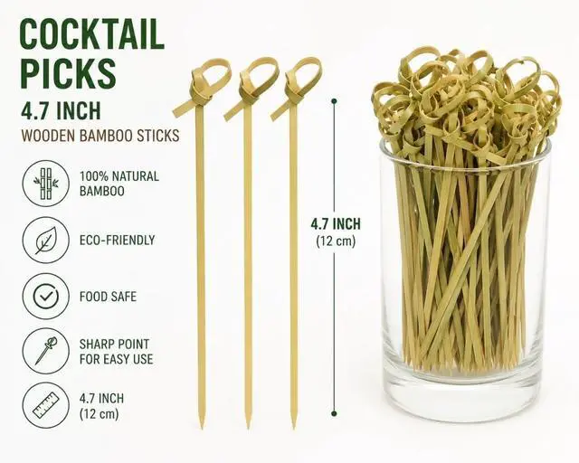 Alt view image 2 of 7 - Bamboo Cocktail Picks Decorative Knot Skewers for Appetizers, Party Snacks, Fancy Toothpicks (100, 4.7 Inch)