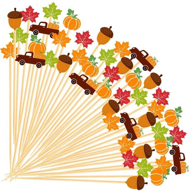 Main image of Fall Cocktail Picks 200 Pcs Bamboo Toothpicks Thanksgiving Sticks | Autumn Pumpkins Maple Leaf Party Decoration for Fruit Skewers Sandwich Appetizer Drink