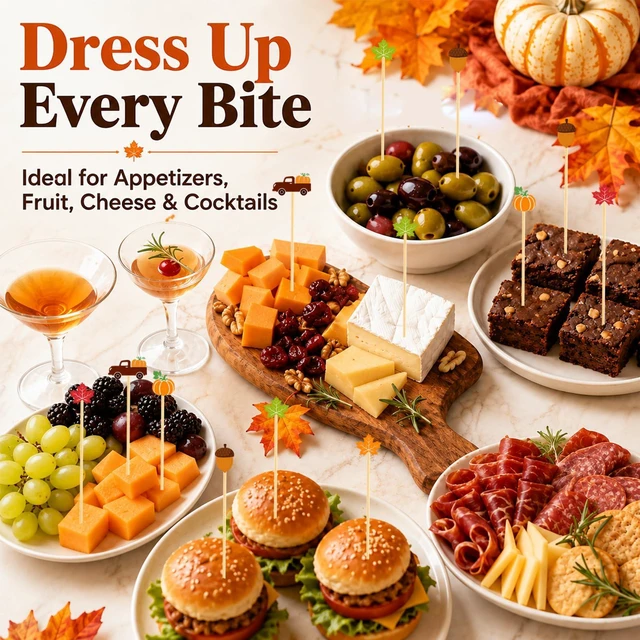 Alt view image 4 of 7 - Fall Cocktail Picks 200 Pcs Bamboo Toothpicks Thanksgiving Sticks | Autumn Pumpkins Maple Leaf Party Decoration for Fruit Skewers Sandwich Appetizer Drink