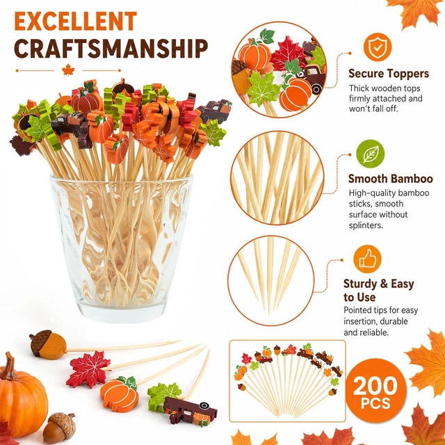 Alt view image 6 of 7 - Fall Cocktail Picks 200 Pcs Bamboo Toothpicks Thanksgiving Sticks | Autumn Pumpkins Maple Leaf Party Decoration for Fruit Skewers Sandwich Appetizer Drink