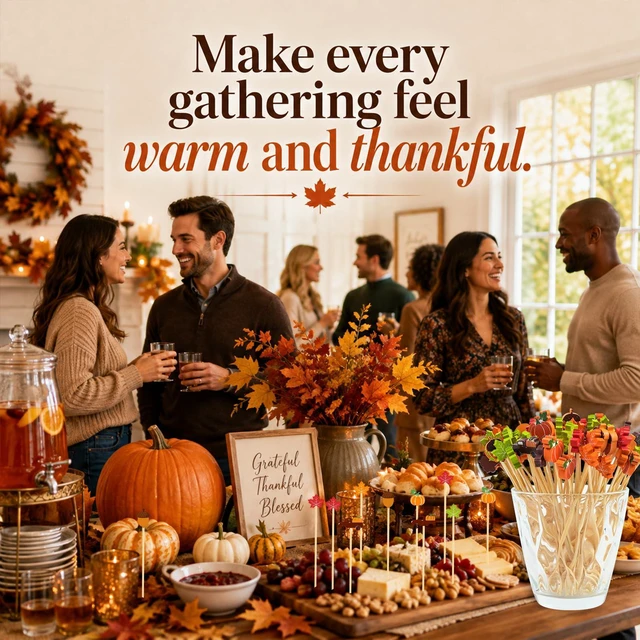 Alt view image 5 of 7 - Fall Cocktail Picks 200 Pcs Bamboo Toothpicks Thanksgiving Sticks | Autumn Pumpkins Maple Leaf Party Decoration for Fruit Skewers Sandwich Appetizer Drink